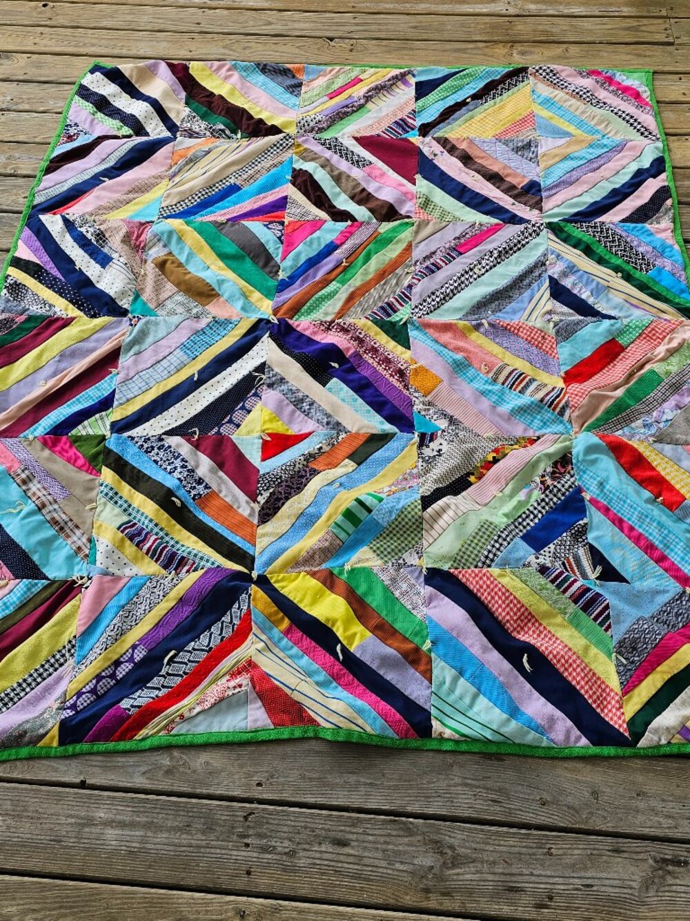 Hand Made Vintage Antique Scrappy Scrap Sash Quilt Blanket Colorful Diamonds